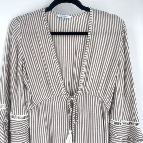 Blue island Womens Striped Pullover Beach Dress Coverup Ruffle Size XS Tan White - Picture 2 of 10
